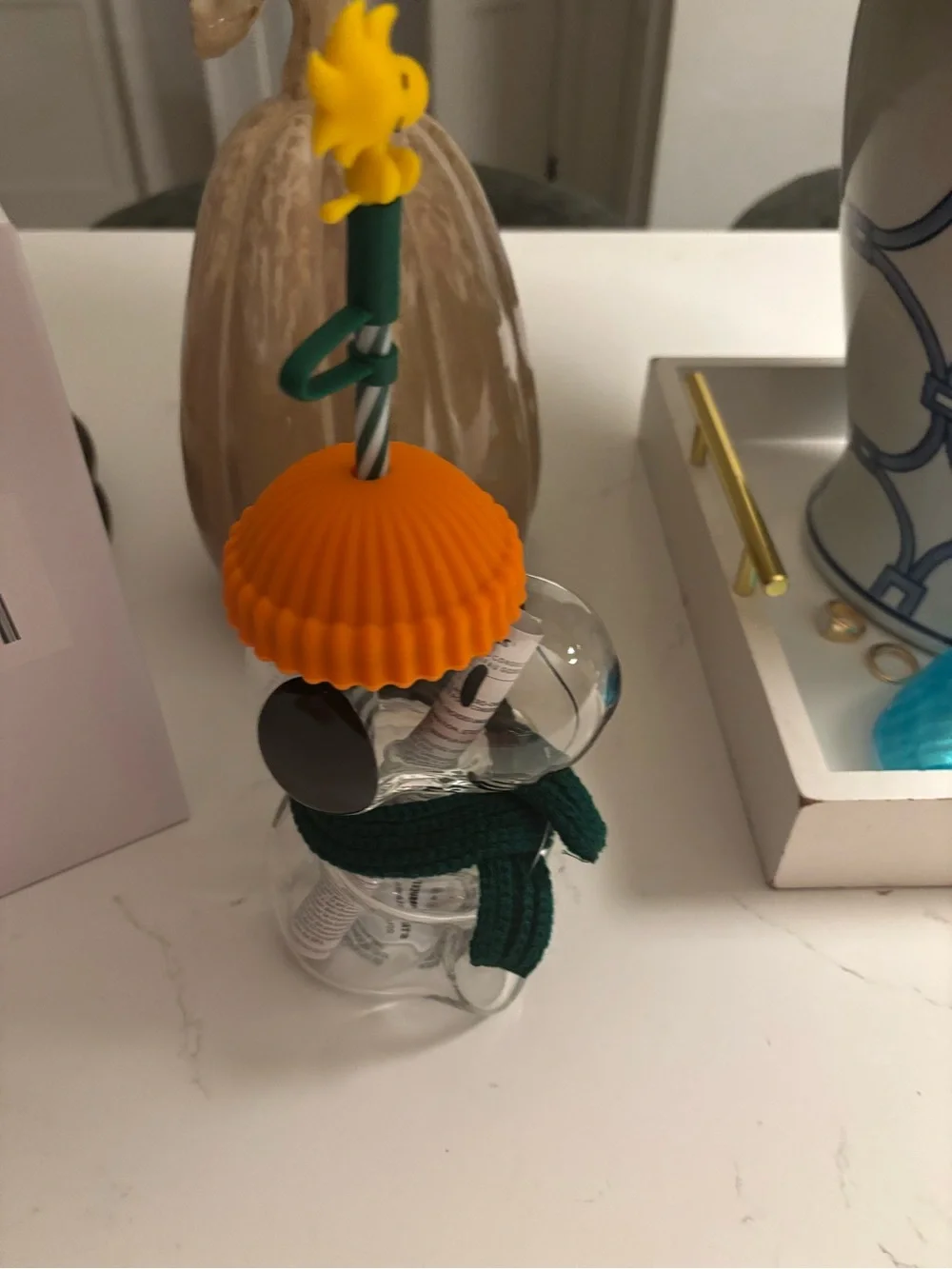 Starbucks Clear Bear Cold Cup with Orange Lid and Green Scarf